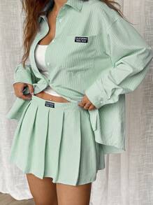 Comfortcana 条纹印花落肩衬衫和百褶裙（不含吊带背心） - 綠色 - 查看 13