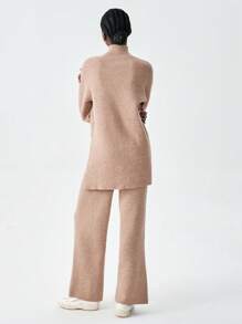 Chiquease Set de 2 piezas de pantalones rectos con bajo asimétrico y suéter para mujer, apto para otoño/invierno - Caqui - Ver 2