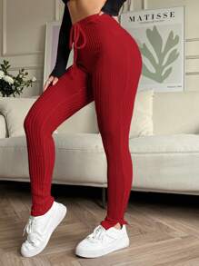 SHEIN EZwear 女士纯色打结罗纹开衩下摆紧身裤 - 紅色 - 查看 5