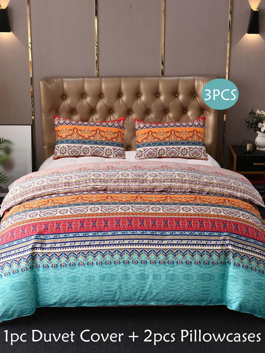 3pcs/set Scroll Pattern Duvet Cover Set Without Filler, 1 Duvet Cover & 2 Pillowcase, Boho Polyester Bedding Set For Home - Multicolor - View 1