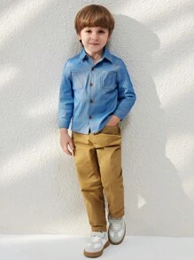 SHEIN Young Boys Elegant Blue Pocket Decor Woven Shirt With Shirt Collar, Autumn Winter - Blue - View 4