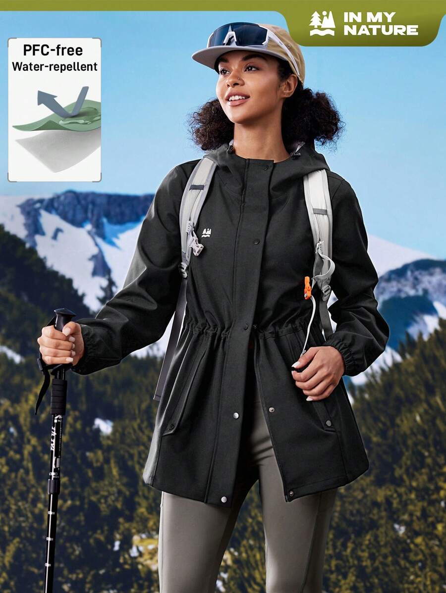 In My Nature 女士户外风衣夹克，腰部可折叠，防水透气，适合露营、远足和城市通勤 - 黑色 - 查看 1