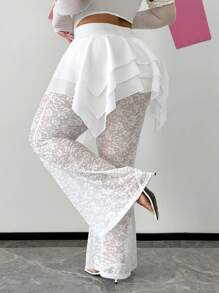 SHEIN SXY 大码女式蕾丝下摆细节喇叭裤，适合圣诞夜、秋冬季、约会之夜、生日、单身派对、可爱、休闲、购物、街头服饰、外出，易于搭配且看起来苗条，突出您的身材，凸显身材 - 白色 - 查看 2