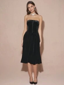Enchnt Vestido sin tirantes de unicolor elegante para mujer, otoño - Negro - Ver 9