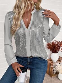 SHEIN Clasi 1pc Autumn Stylish Sequin Panel Cutout Collar Blouse For Holiday Party Clothes Party Top For Women Fall Cloth For Women - Grey - View 6