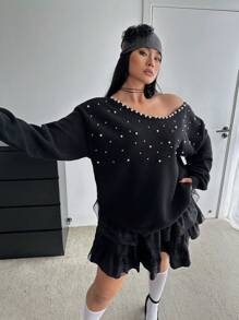 Franclia Plus Size Women's Plus Size Drop Shoulder Long Sleeve Loose Oblique Shoulder Studded Pearl Sweater, Autumn/Winter