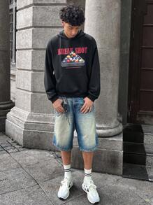 Manfinity VCAY Moletom com capuz estampado de bilhar casual moderno de malha masculina, outono/inverno - Preto - Ver 4