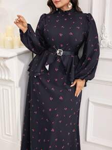 Modelyn Plus Size Bescheiden Standkraag Lange Mouw Bloemenprint Lange Arabische Jurk