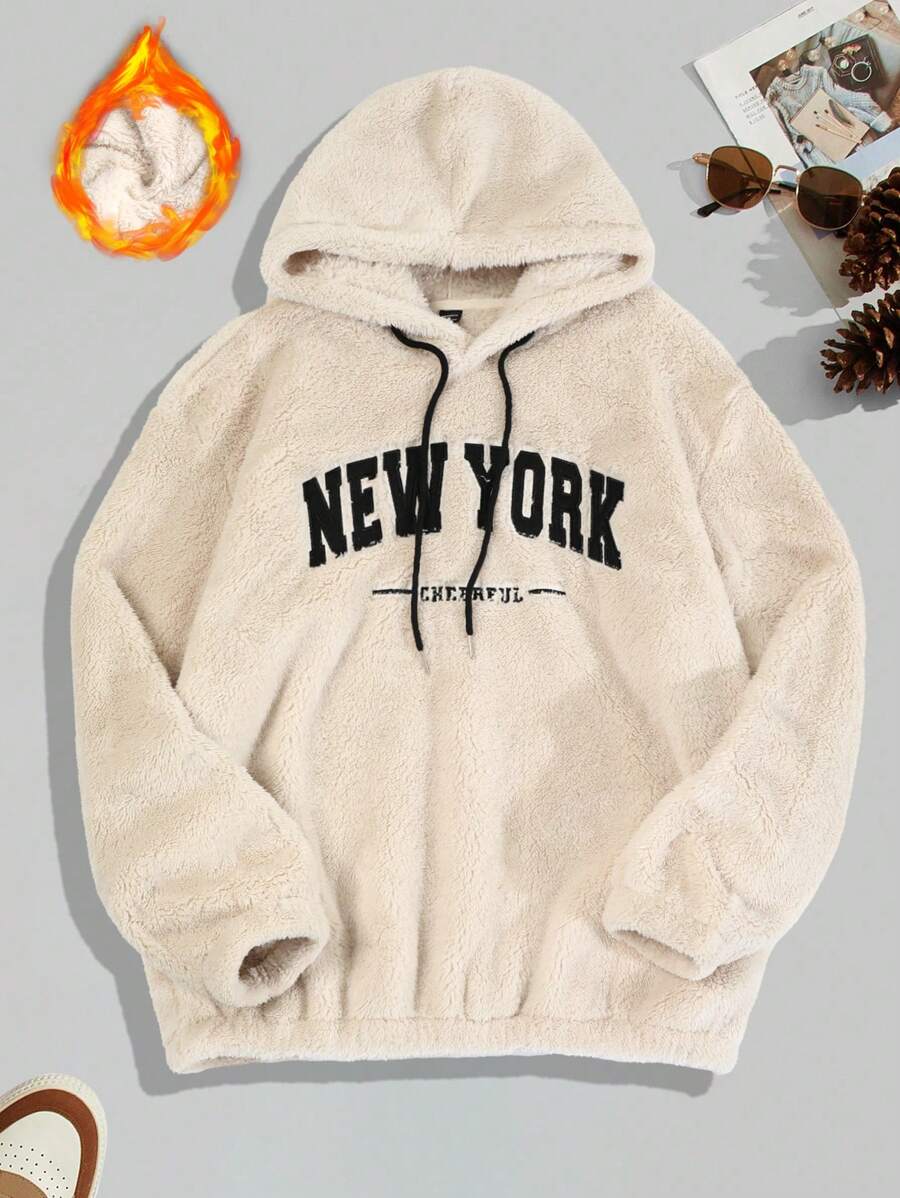 Manfinity Hypemode Men's Teddy Bear Drawstring Hooded Sweatshirt With Drop Shoulder And Letters Embroidery - Apricot - View 1