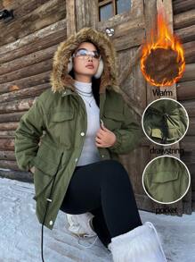 Calvaya 大码女式冬季长袖工装口袋休闲短款派克大衣连帽棉服外套 - 軍綠色 - 查看 8