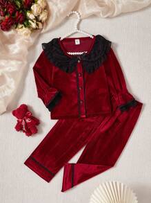 2 件套年轻女孩勃艮第天鹅绒可爱休闲装、长袖 T 恤和裤子、家居服 - 酒紅色 - 查看 5
