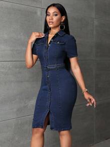 SHEIN SXY Women's Short Sleeve Single-Breasted Casual Denim Midi Dress - Navy Blue - View 2