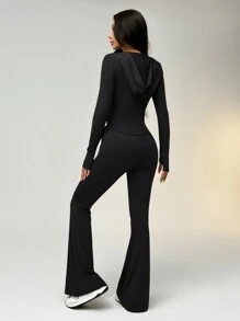 SHEIN EZwear Women's Solid Color Zip-Up Drawstring Hooded Sweatshirt And Flared Pants Set, Sports Suit