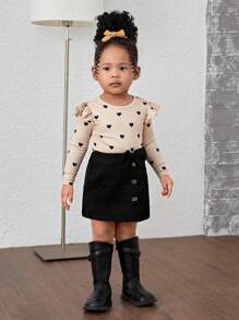 SHEIN Ensemble de 2 pièces en tricot : pull à manches longues avec cœur mignon pour bébé fille et jupe avec décoration de nœud, automne/hiver - Kaki - Voir 6