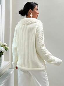 EURMUSE Fringed Detail V Neck Thick Cardigan Jacket - Apricot - View 2