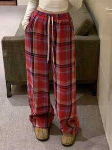 DAZY 女士宽松格子直筒裤，秋冬休闲长裤，圣诞节和新年拉绒 - 紅色 - 查看 3