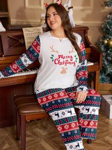 Christmas Elements Pattern Long Sleeve And Pants Plus Size Pajama Set - White - View 3