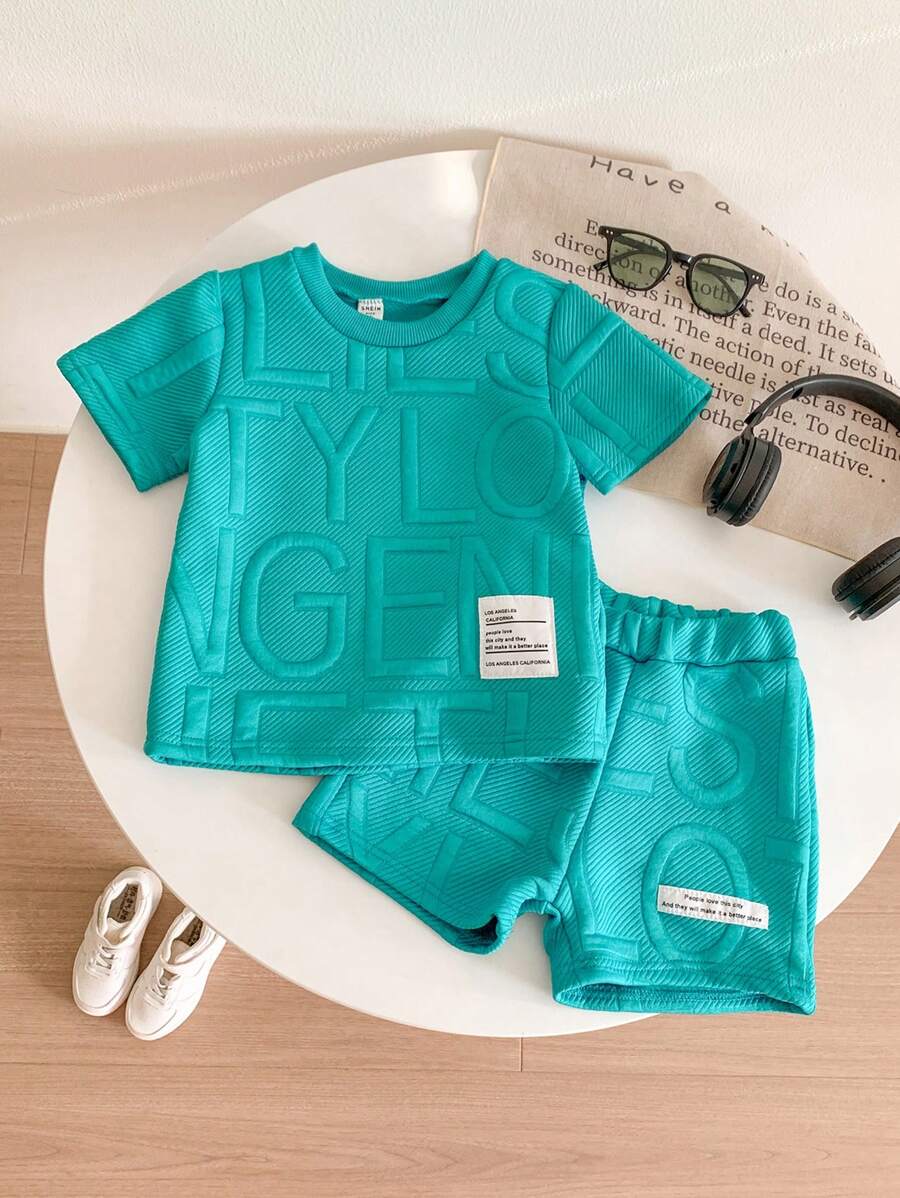 SHEIN Young Boy Letter Impressed Short Sleeve Shirt And Shorts Outfit Set, School, Campus, College