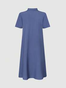 SHEIN Unity Summer Simple Button Half-Placket Patch Pocket Straight Short Sleeve Dress - Navy Blue - View 2