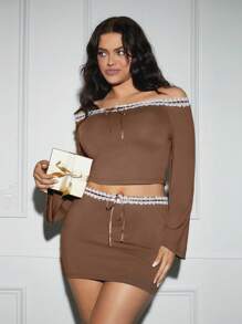 SHEIN SXY 大码 2 件蕾丝丝带和缎带蝴蝶结装饰露肩上衣和 A 字裙套装，性感迷人，适合秋冬季、约会之夜、生日、单身派对、休闲、购物、街头服饰、外出，易于搭配且看起来苗条，突出您的身材，凸显身材 - 咖啡棕 - 查看 7