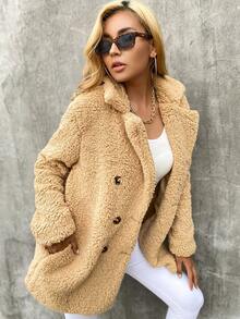 Eilly Bazar Double Button Teddy Coat - Camel - View 6