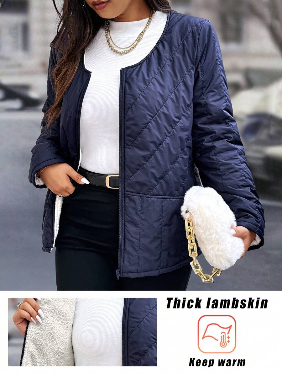 SHEIN LUNE Áo khoác dài tay có khóa kéo trơn cỡ lớn, mặc thường ngày cho mùa đông - Màu xanh hải quân - Xem 1