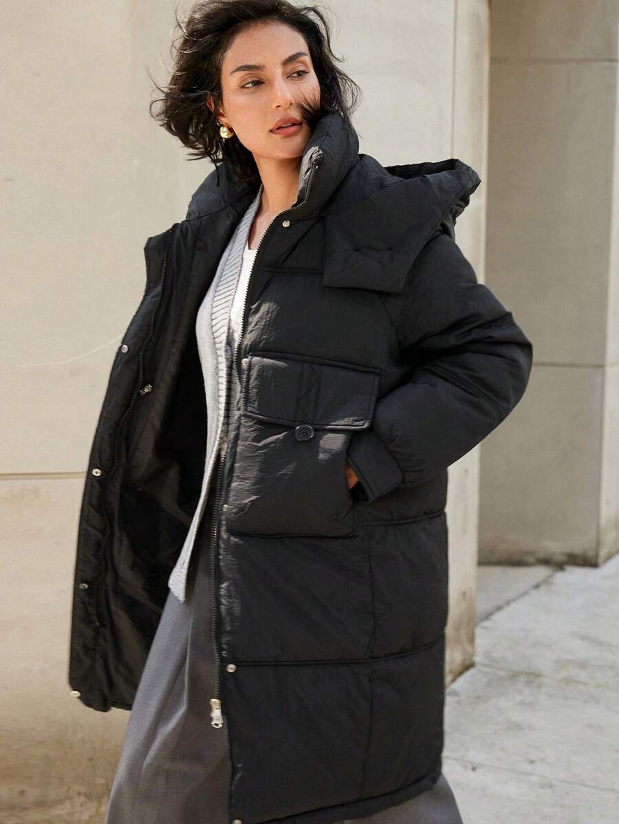 Aveloria Modichic Casual Versatile Exaggerated Large Pockets Cargo Loose Fit Midi Length HoodedPadded Insulated Polyfill Synthetic Insulation Winter Coat Winter Jacket Jacket, Winter Clothes New Fashion Fall Cloth For Women - Black - View 1
