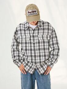 SHEIN TeenBoys 1pc Casual And Versatile Japanese And Korean Street Style Warm Lapel Denim Plaid Loose Jacket Back To School; Fall Outfits; Teen Boy Clothes; Teen Boy Jackets Autumn/Winter - Multicolor - View 7