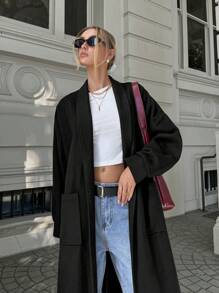 SHEIN Cottnline Drop Shoulder Long Overcoat With Belt - Black - View 8