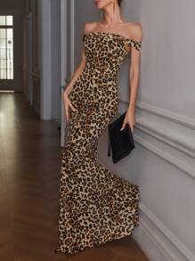 GENKIRA Fashionable Party Off Shoulder Leopard Print Sleeveless Dress - Multicolor - View 4