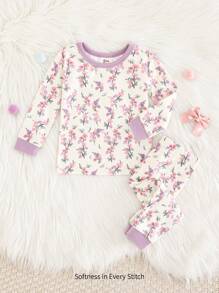 Cozy Pixies 2pcs Baby Girl Snug Fit Pajama Set, Long Sleeve Floral Print Colorblock Top And Long Pants - Purple - View 1