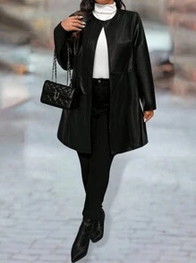 SHEIN LUNE 大码纯色休闲夹克，秋冬季 - 黑色 - 查看 4