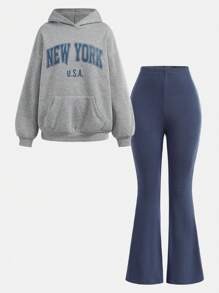 Girlism 少女两件套,碎花灰蓝,休闲百搭,宽松长袖卫衣喇叭裤,返校季,干净女孩,运动服 - 彩色 - 查看 4