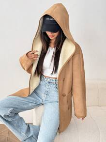 SHEIN EZwear 女款复合羊毛连帽衫 - 棕色 - 查看 4