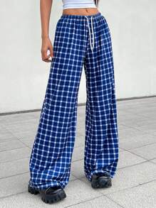INAWLY 女士格子印花休闲宽松直筒裤，时尚高低腰阔腿裤 - 藍色 - 查看 1
