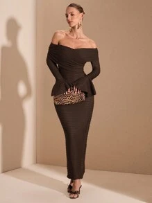 SHEIN BAE Váy nữ thanh lịch, hở vai, dài tay, vải có họa tiết, dành cho các buổi hẹn hò hàng ngày, đi chơi, hộp đêm, tiệc tùng, tụ tập - Màu sô cô la - Màu be - Xem 1