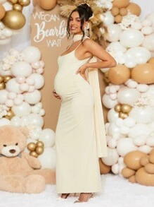 Loomaby Casual Solid Color Side Slit Strap Maternity Dress For Summer,Autumn For Baby Shower Party - Apricot - View 4