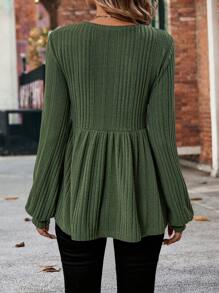 SHEIN LUNE Áo thun nữ tay raglan dệt kim gân màu xanh ô liu mới thu/đông 2024 - xanh quân đội - Xem 3