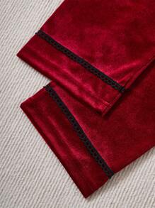 2 件套年轻女孩勃艮第天鹅绒可爱休闲装、长袖 T 恤和裤子、家居服 - 酒紅色 - 查看 3