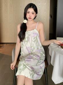 DAZY Vrouwen Bloemenprint Voorkant Strik V Hals Casual Losse Mouwloze Nachtjapon