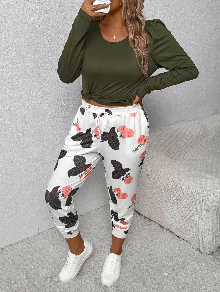 SHEIN LUNE Plus Size Solid Color Crew Neck Ruched Long Sleeve Top & All-Over Print Twist Front Pants 2pcs Casual Set Fall Cloth For Women - Multicolor - View 1