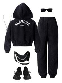 SHEIN Bộ 2 món/Bộ trang phục thường ngày cho bé gái tuổi teen có áo hoodie dài tay họa tiết chữ và quần rút dây, mùa thu/đông - Xám - Xem 1