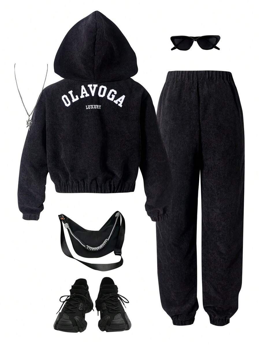 SHEIN Bộ 2 món/Bộ trang phục thường ngày cho bé gái tuổi teen có áo hoodie dài tay họa tiết chữ và quần rút dây, mùa thu/đông - Xám - Xem 1