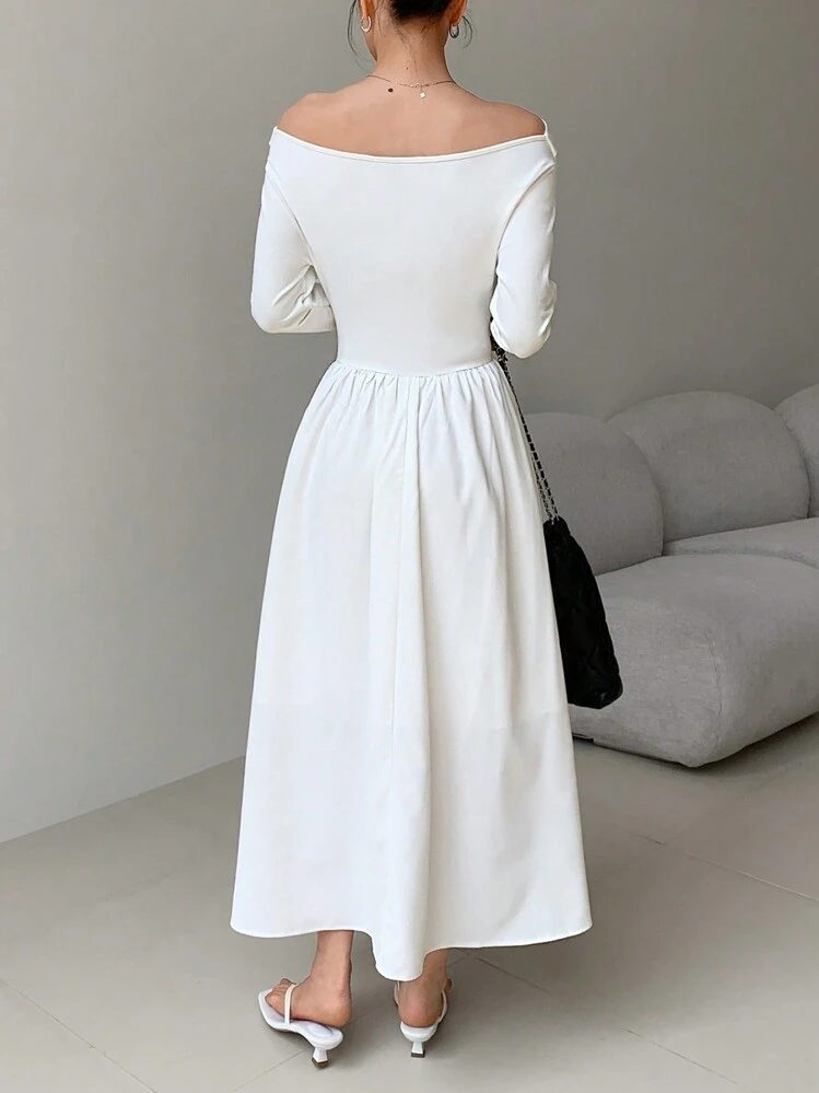 EastFlair Women's Korean Style Off-Shoulder Fitted Long Sleeve Dress, White  | SHEIN USA