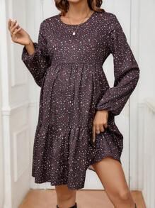 SHEIN Pregnancy Autumn Full Print Round Neck Lantern Sleeve Ruffle Hem Casual Maternity Dress - Multicolor - View 3