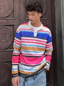 Mainfolk Men's Knitted Fashion Daily Casual Loose Fit Multi-Color Long Sleeve Polo Shirt - Multicolor - View 1