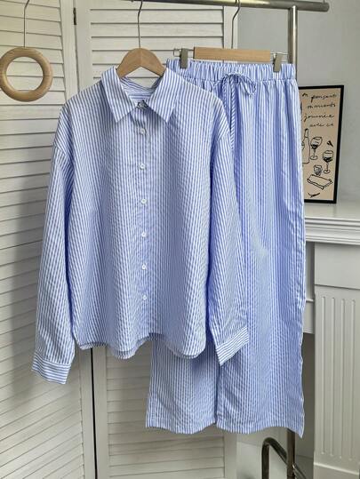 SHEIN Unity 垂直条纹落肩上衣和裤子