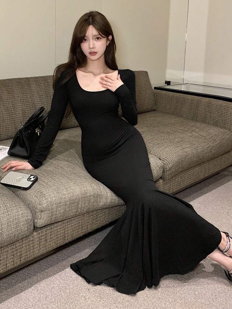 Women Autumn/Winter Formal Wrap Midi Dress, Party Wear,Ruffle,Fall Women Clothes Long Sleeve Dress