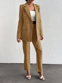 SHEIN Traje De Mujer Con Blazer De Doble Botonadura Y Pantalones De Nueve Puntos