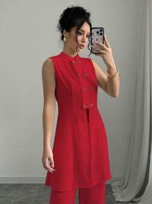 SHEIN Unity 女士休闲通勤纯色小立领双排扣无袖衬衫新年衣服女式衬衫 - 紅色 - 查看 5